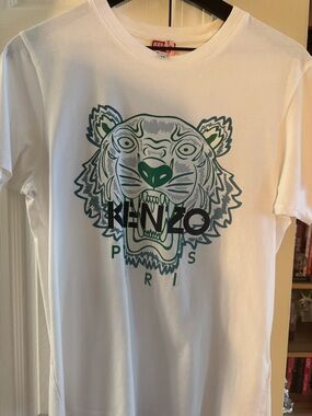 Kenzo White Tee with Green & Teal Tiger Graphic